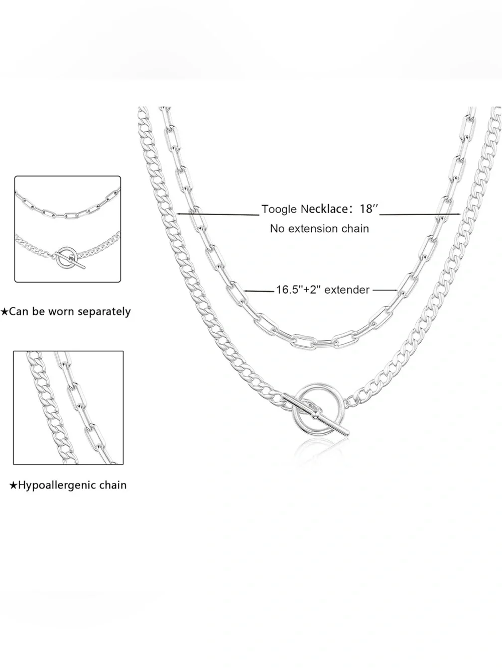 Double Layer Silver Plated Chain Necklace with Toggle Clasp